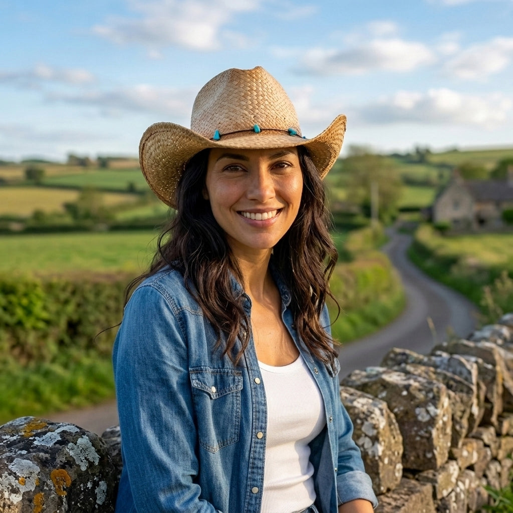 Chapeau de Cowboy en Paille Calamity Cattleman naturel SUR LA TÊTE