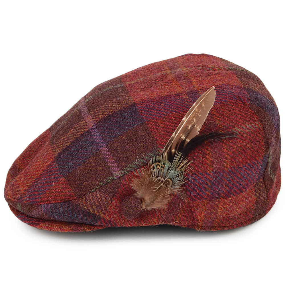 Casquette Plate en Laine Britannique Tartan avec Plume bordeaux FAILSWORTH