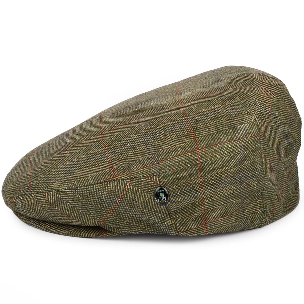 Casquette Plate en Pure Soie à Carreaux et Chevrons olive CITY SPORT