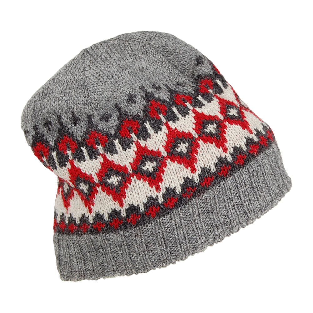 Bonnet Jauge Fine Fair Isle gris-rouge KUSAN