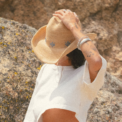 Chapeau de Cowboy en Raphia Crocheté Odessa beige sable-bleu BRIXTON