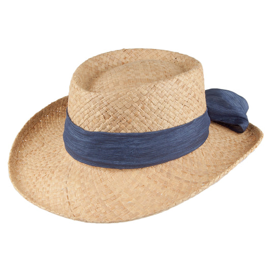 Chapeau Gambler avec Nœud Porquerolles en Raphia naturel et bleu marine SCALA