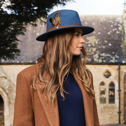 Chapeau Fedora en Laine Feutrée Hydrofuge Avec Plumes bleu ardoise FAILSWORTH