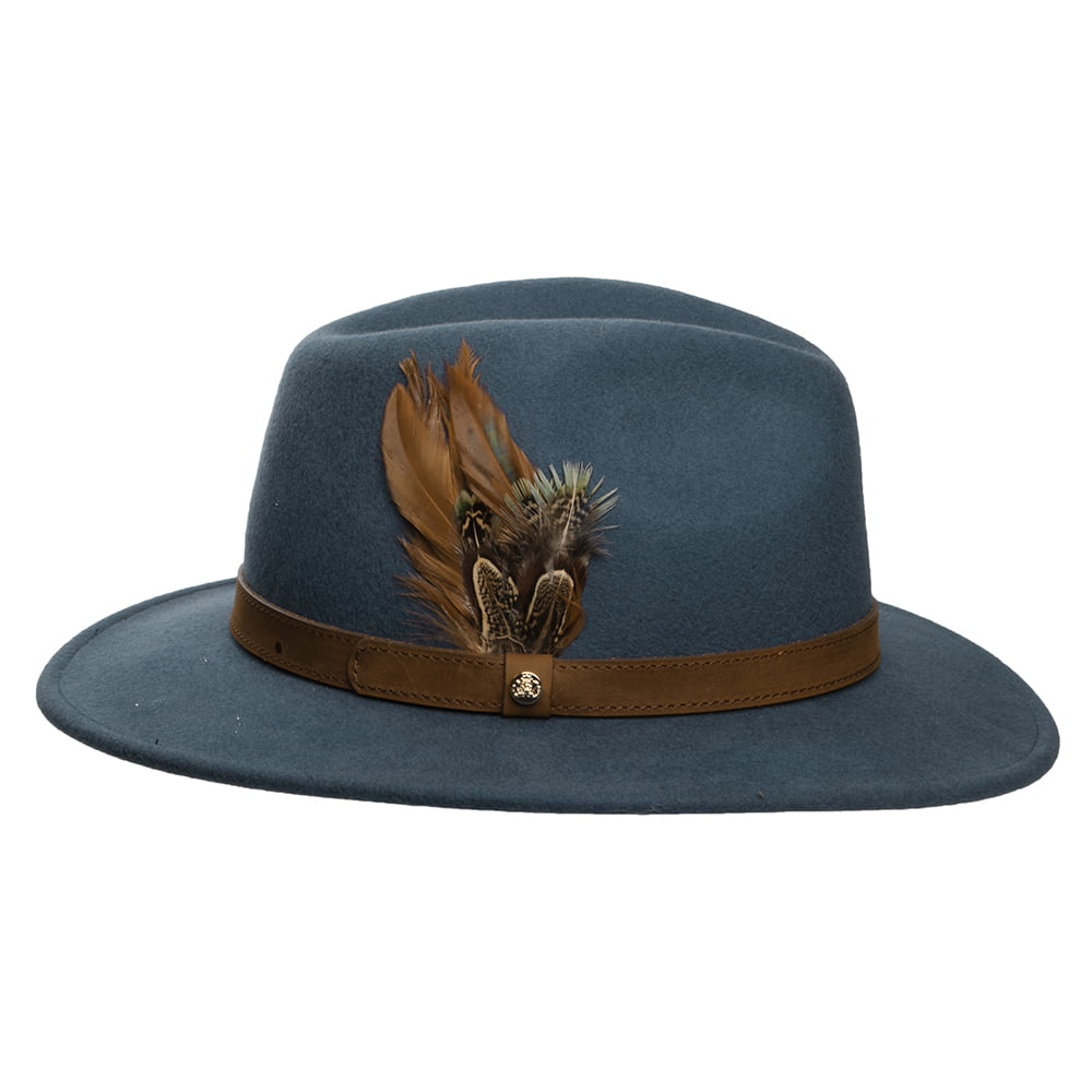 Chapeau Fedora en Laine Feutrée Hydrofuge Avec Plumes bleu ardoise FAILSWORTH