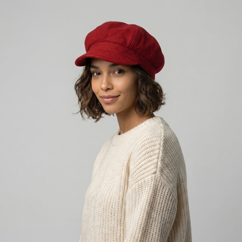Casquette Gavroche en Laine Mélangée rouge SUR LA TÊTE