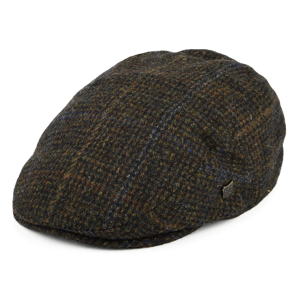 Casquette Plate en HARRIS TWEED à Carreaux Stornoway olive et mix de couleurs FAILSWORTH