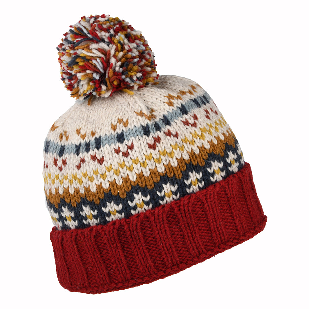 Bonnet à Pompon Fair Isle Mosaic rouge-moutarde-crème KUSAN