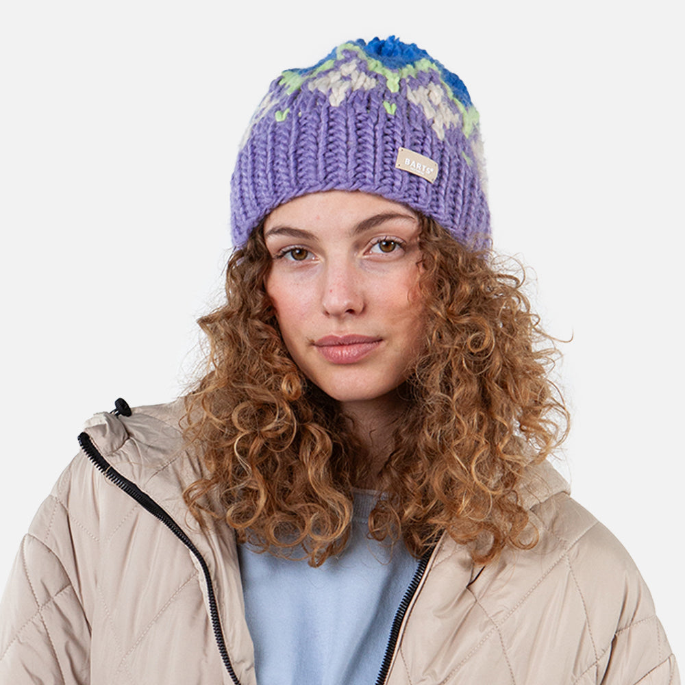 Bonnet à Pompon Tricoté Main Curley violette-bleu BARTS