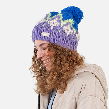 Bonnet à Pompon Tricoté Main Curley violette-bleu BARTS