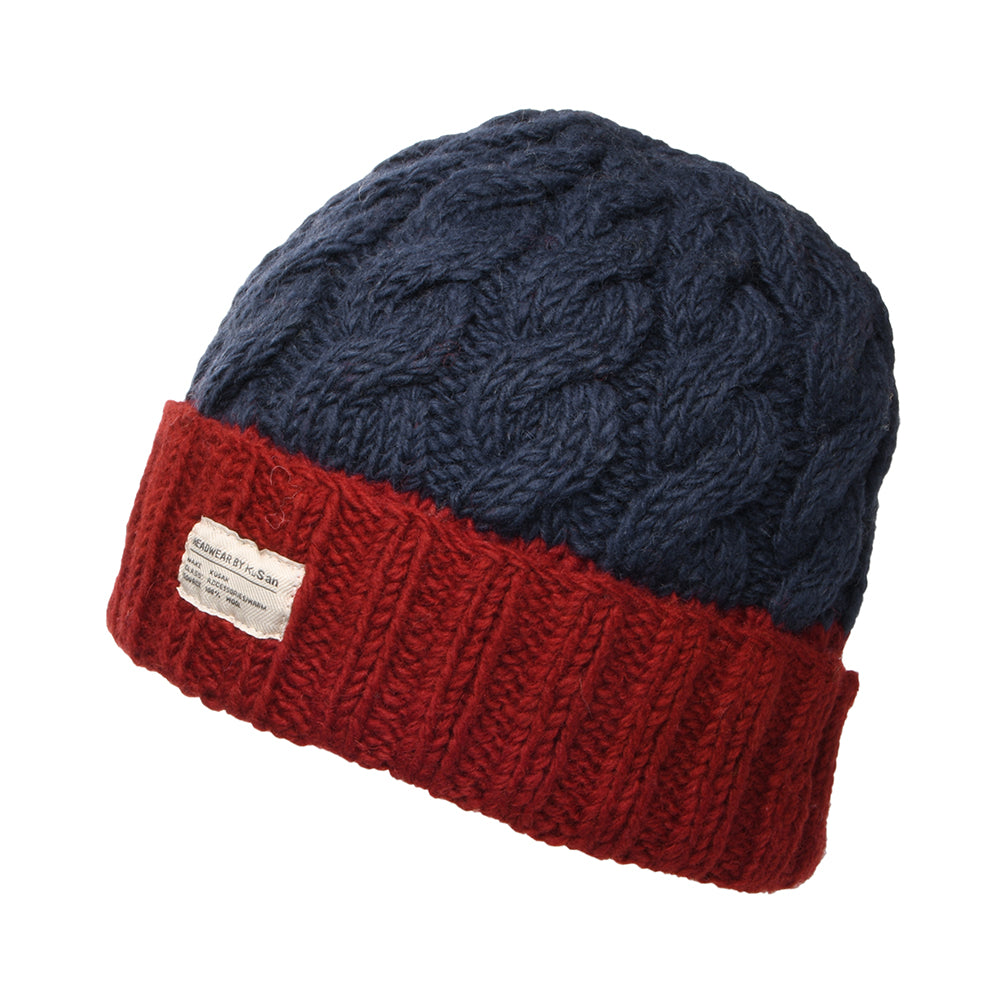 Bonnet à Revers et à Torsades Bicolore bleu marine-rouge KUSAN