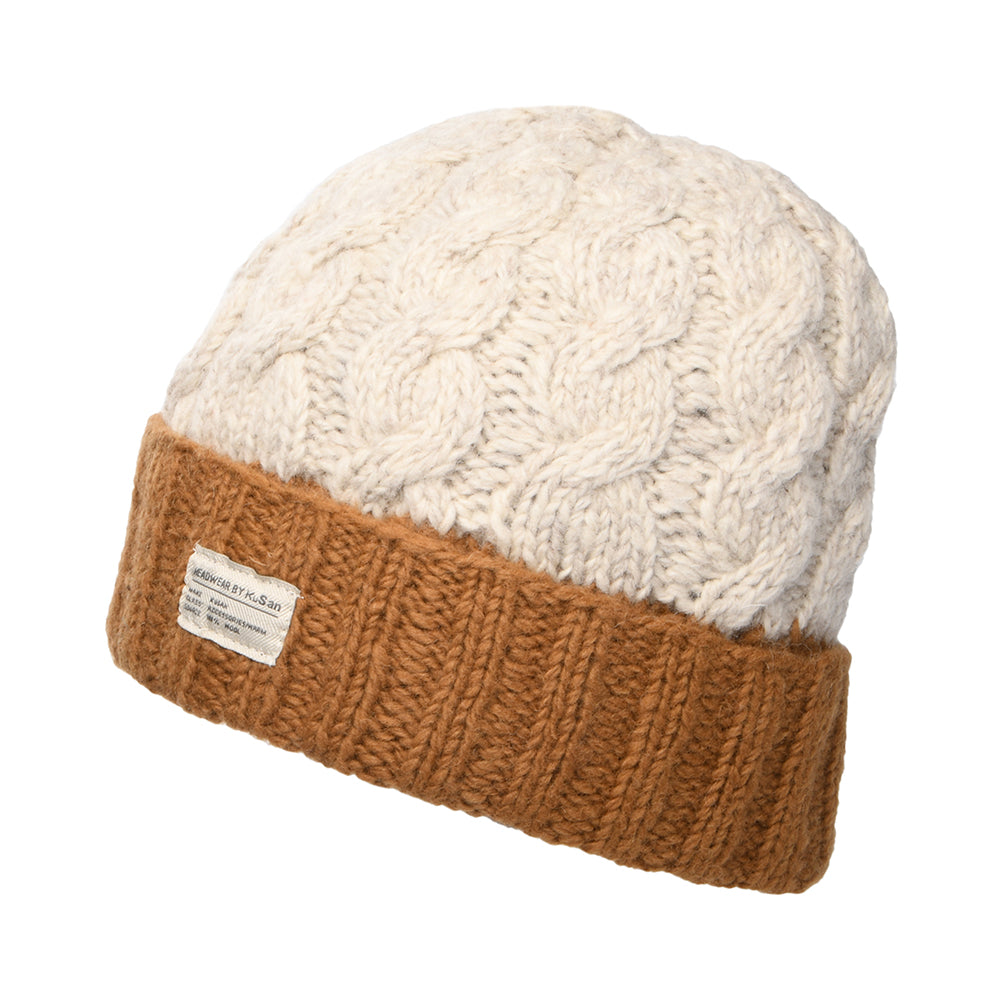 Bonnet à Revers et à Torsades Bicolore crème-toffee KUSAN
