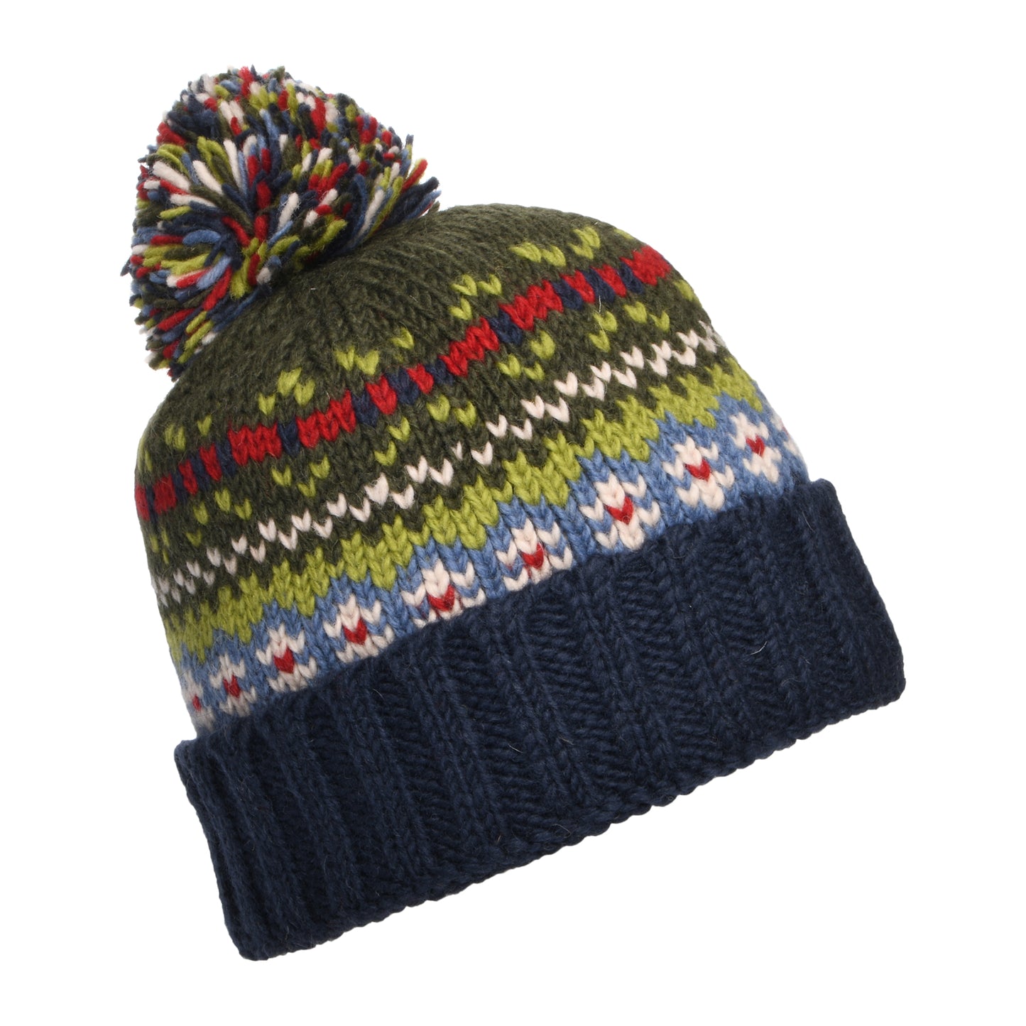 Bonnet à Pompon Fair Isle Mosaic bleu-vert KUSAN