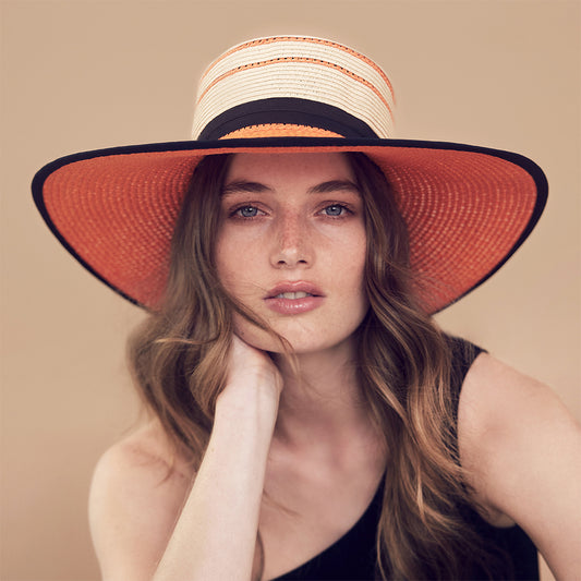 Chapeau Canotier en Paille Toyo naturel-orange SEEBERGER