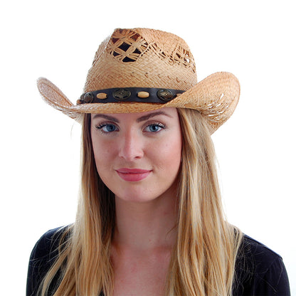 Chapeau de Cowboy en Raphia Annie Oakley naturel SUR LA TÊTE