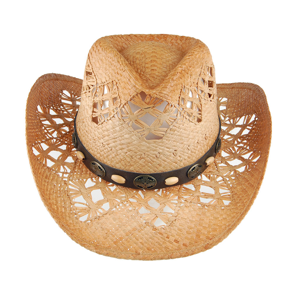 Chapeau de Cowboy en Raphia Annie Oakley naturel SUR LA TÊTE