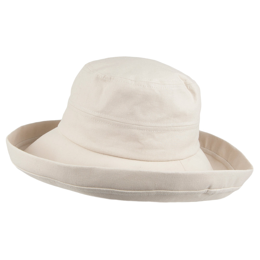 Chapeau Été en Lin et Coton Pliable Lily sable SUR LA TÊTE