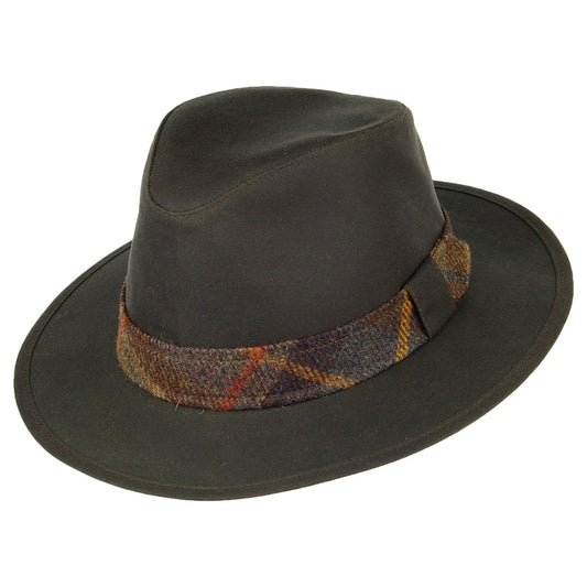 Chapeau Fedora en Coton Ciré avec Bandeau en Tartan Drifter olive FAILSWORTH