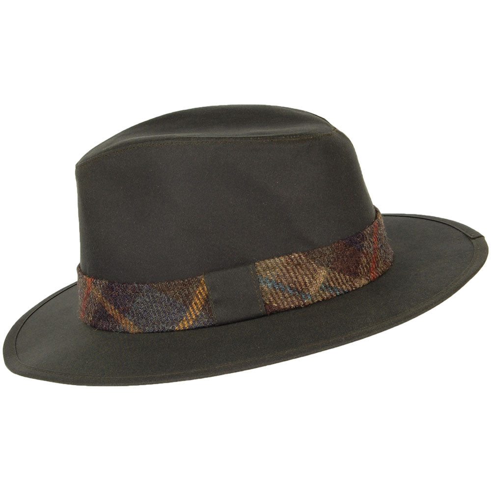 Chapeau Fedora en Coton Ciré avec Bandeau en Tartan Drifter olive FAILSWORTH