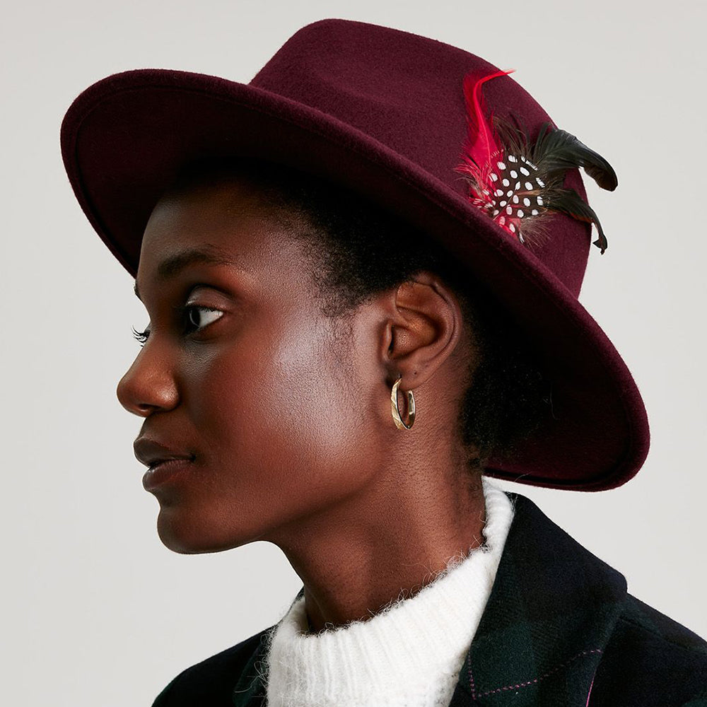 Chapeau Fedora en Laine Feutrée avec Bandeau en Velours rouge foncé JOULES