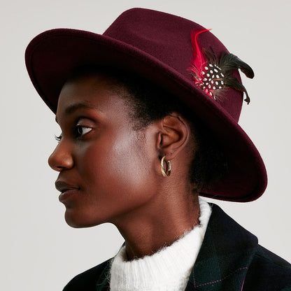 Chapeau Fedora en Laine Feutrée avec Bandeau en Velours rouge foncé JOULES