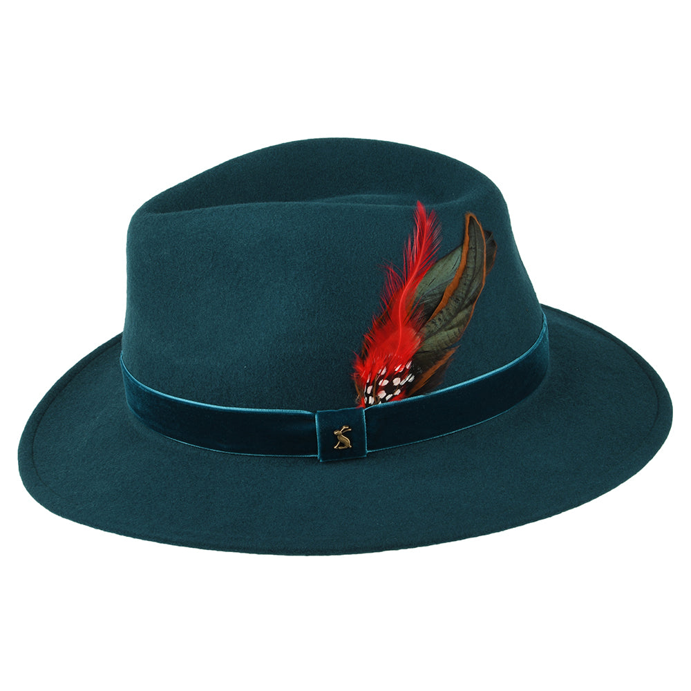Chapeau Fedora en Laine Feutrée avec Bandeau en Velours bleu sarcelle JOULES