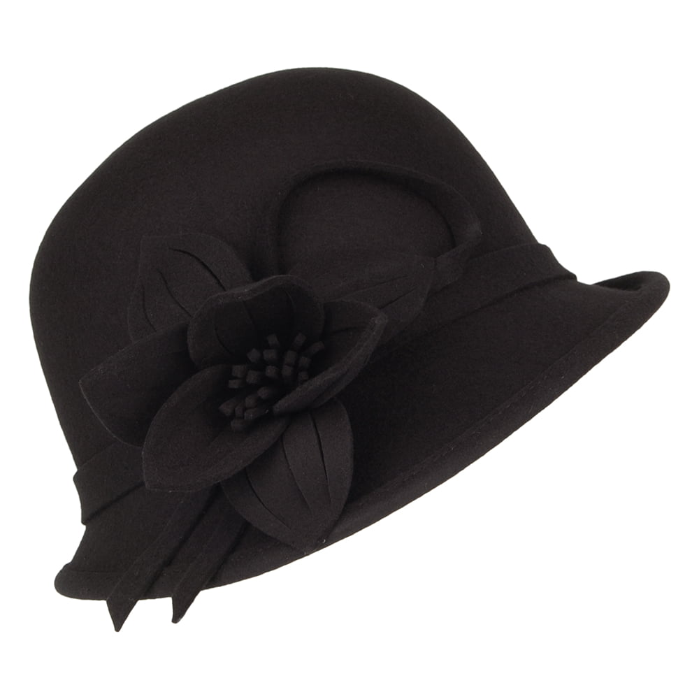 Chapeau Cloche en Laine Feutrée avec Fleur noir FAILSWORTH