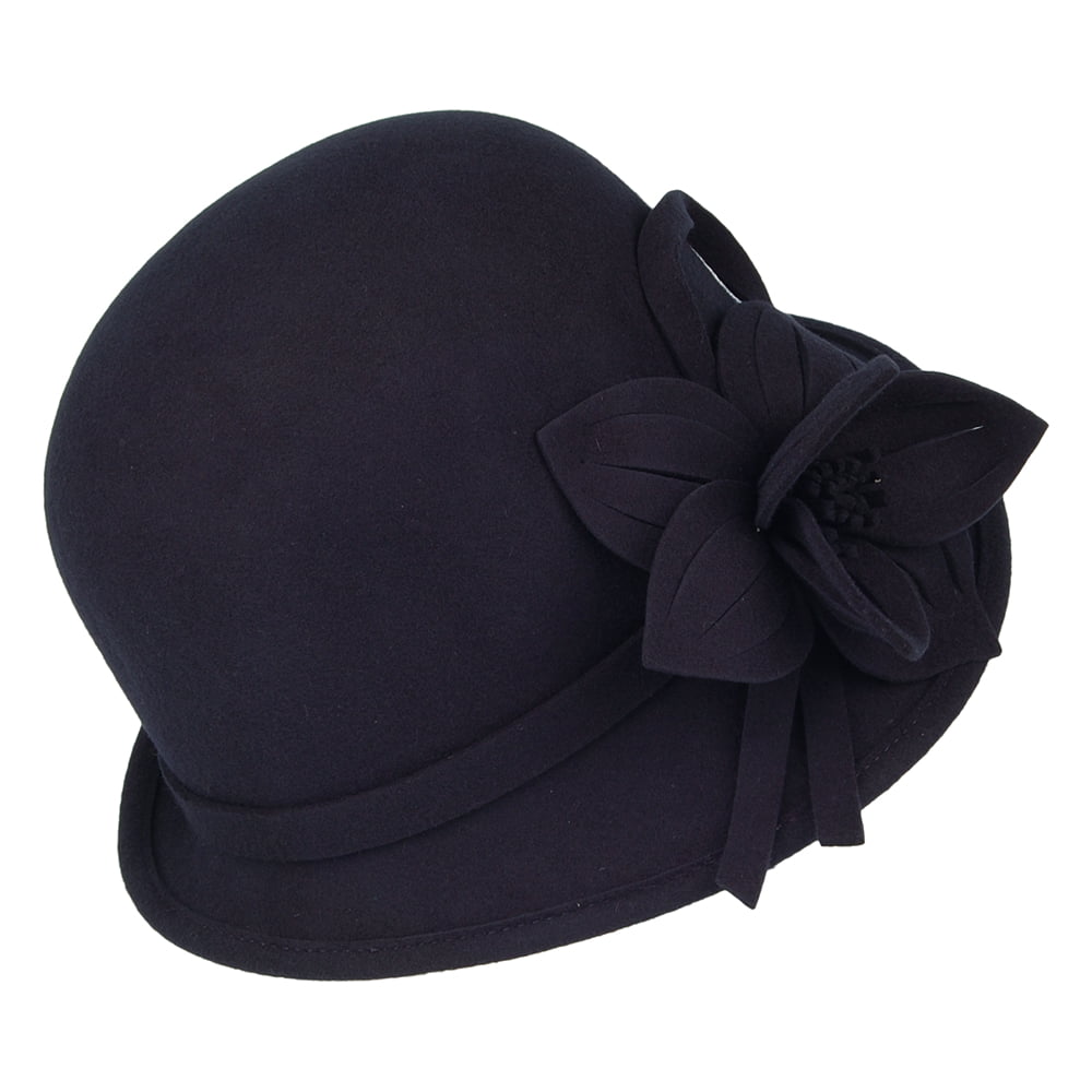 Chapeau Cloche en Laine Feutrée avec Fleur bleu marine FAILSWORTH