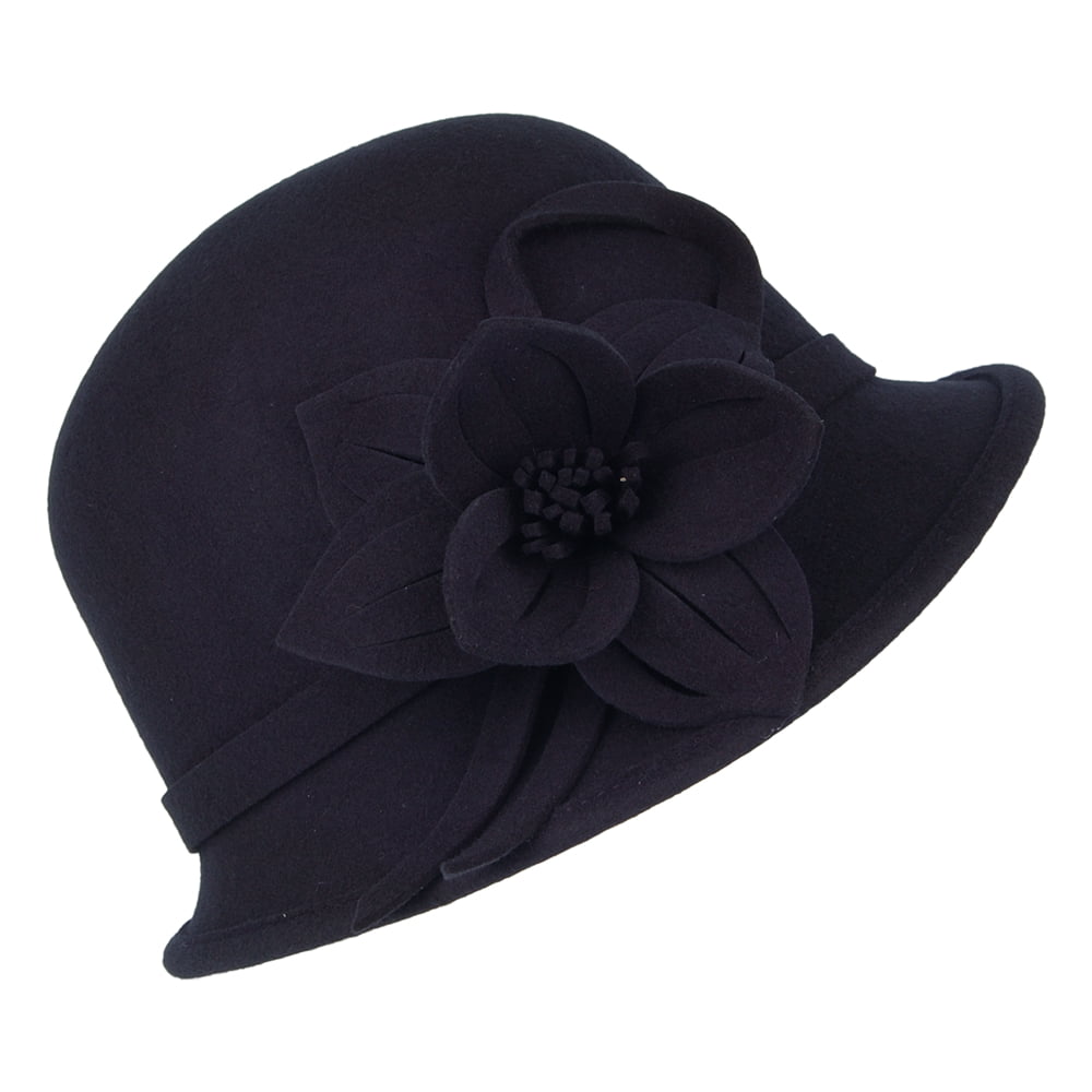 Chapeau Cloche en Laine Feutrée avec Fleur bleu marine FAILSWORTH