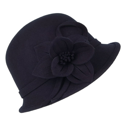 Chapeau Cloche en Laine Feutrée avec Fleur bleu marine FAILSWORTH