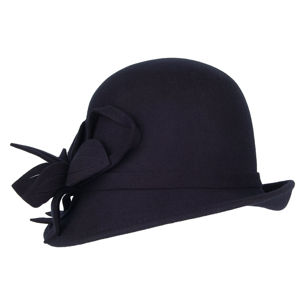 Chapeau Cloche en Laine Feutrée avec Fleur bleu marine FAILSWORTH