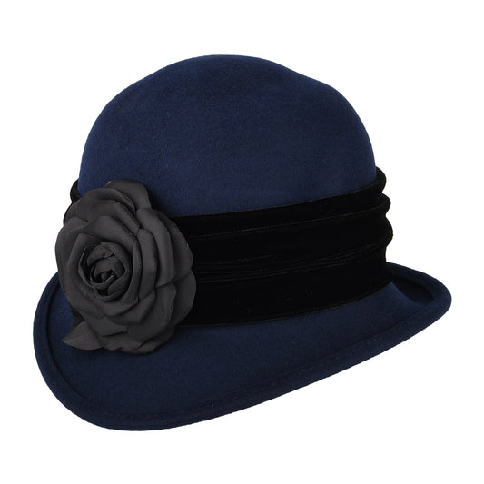 Chapeau Cloche en Laine Feutrée avec Fleur indigo SCALA