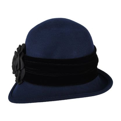 Chapeau Cloche en Laine Feutrée avec Fleur indigo SCALA