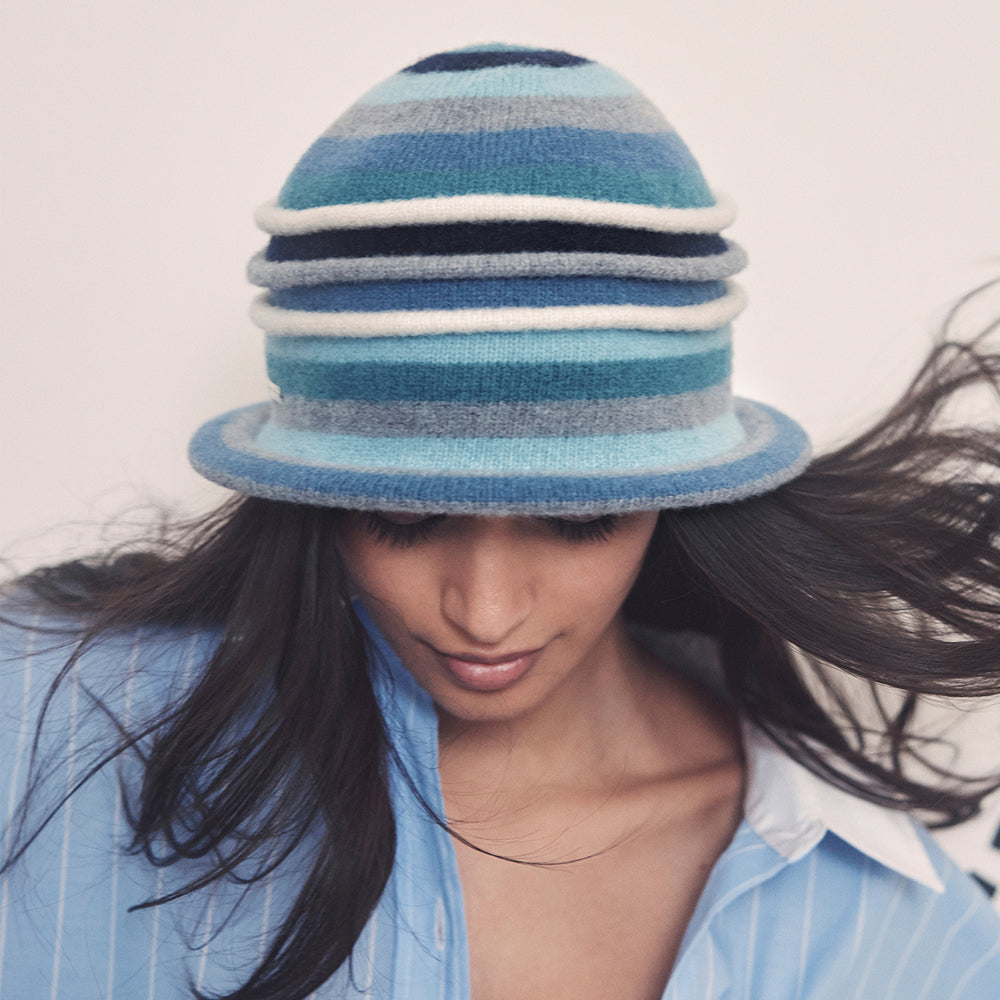 Chapeau Cloche en Laine Vierge Bouillie à Rayures jade-bleu SEEBERGER