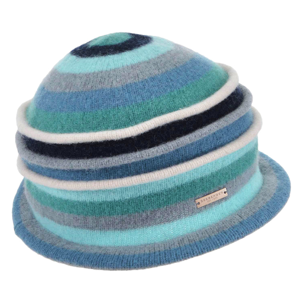 Chapeau Cloche en Laine Vierge Bouillie à Rayures jade-bleu SEEBERGER
