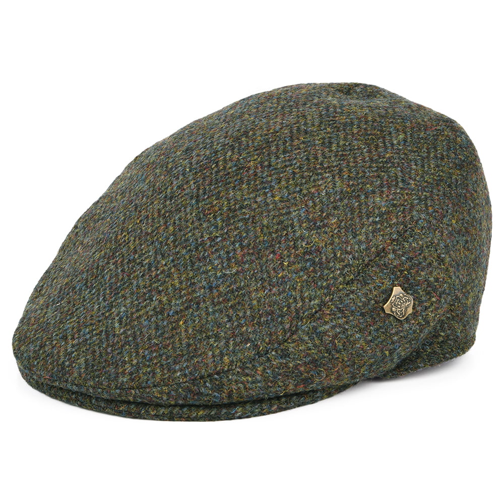 Casquette Plate en HARRIS TWEED à Chevrons Stornoway olive mélangé FAILSWORTH