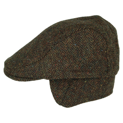Casquette Plate en HARRIS TWEED à Protège-Oreilles Oban olive FAILSWORTH