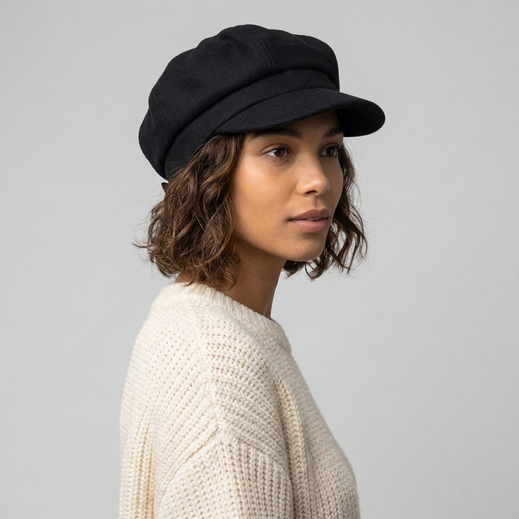 Casquette Gavroche en Laine Mélangée noir SUR LA TÊTE