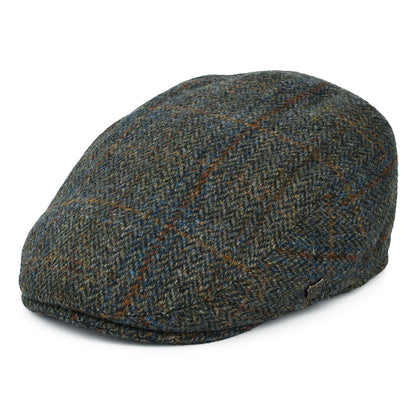 Casquette Plate en HARRIS TWEED à carreaux et Chevrons Stornoway olive-bleu-rouille FAILSWORTH