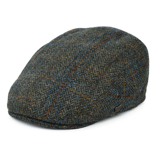 Casquette Plate en HARRIS TWEED à carreaux et Chevrons Stornoway olive-bleu-rouille FAILSWORTH