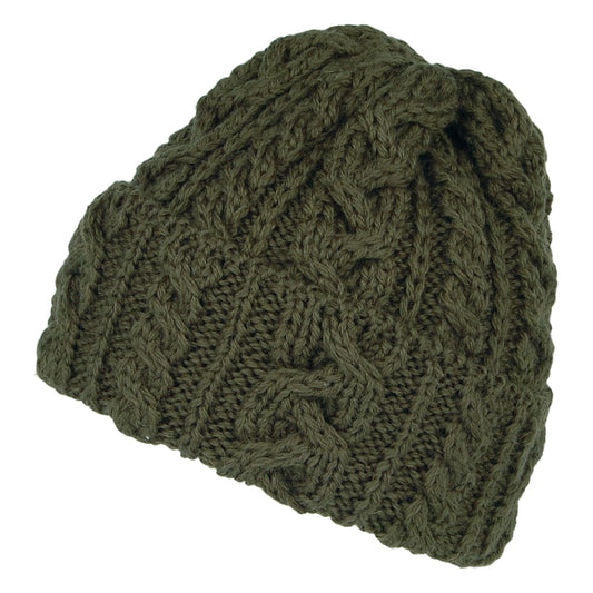 Bonnet en Laine Anglaise à Torsades et Revers olive HIGHLAND 2000