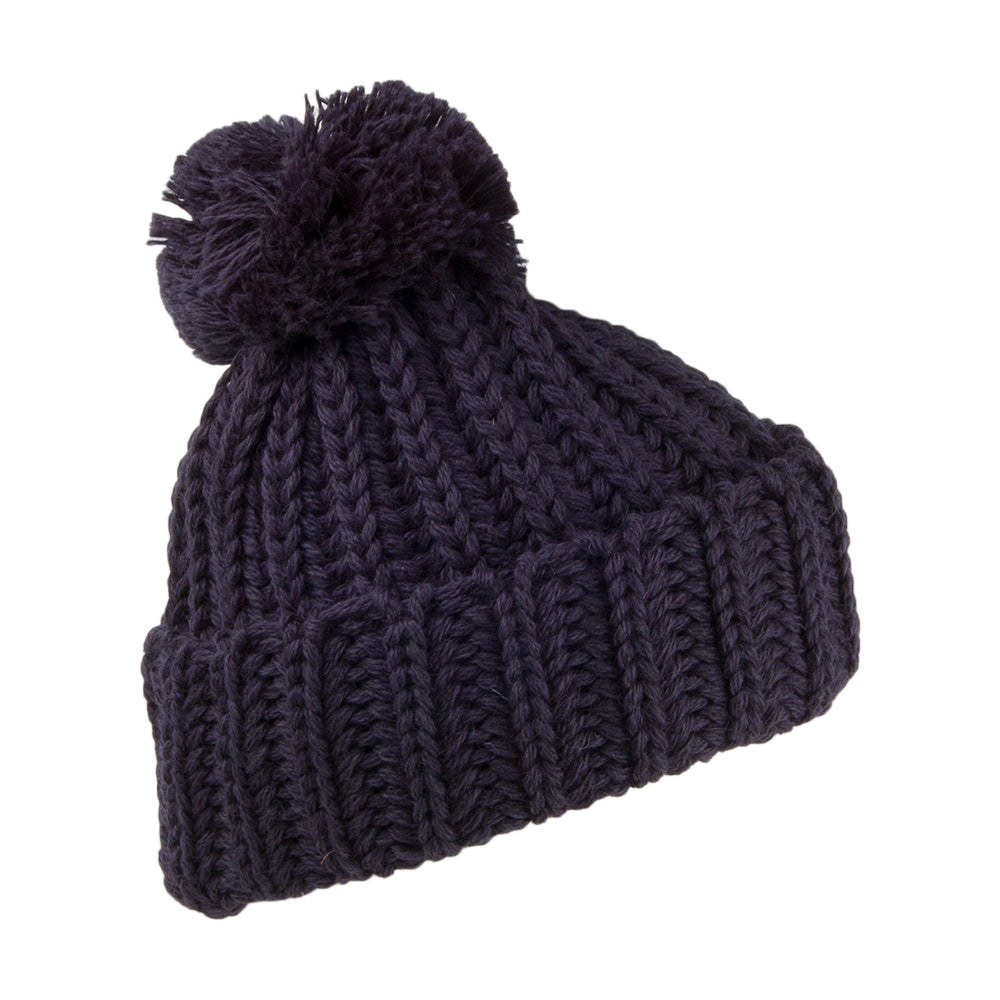 Bonnet à Pompon et Revers en Laine Anglaise Grosse Maille bleu marine HIGHLAND 2000