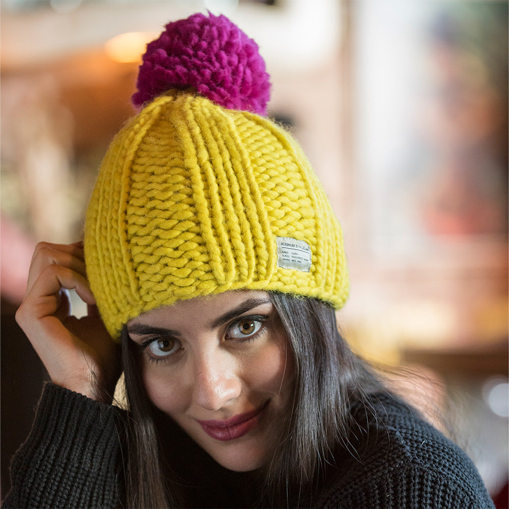 Bonnet à Pompon Multi Pom jaune KUSAN