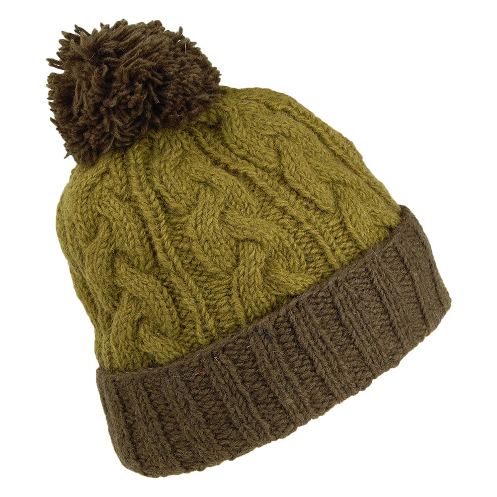 Bonnet à Pompon et Torsades Bicolore Turn Up olive-vert KUSAN