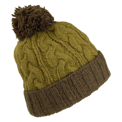 Bonnet à Pompon et Torsades Bicolore Turn Up olive-vert KUSAN