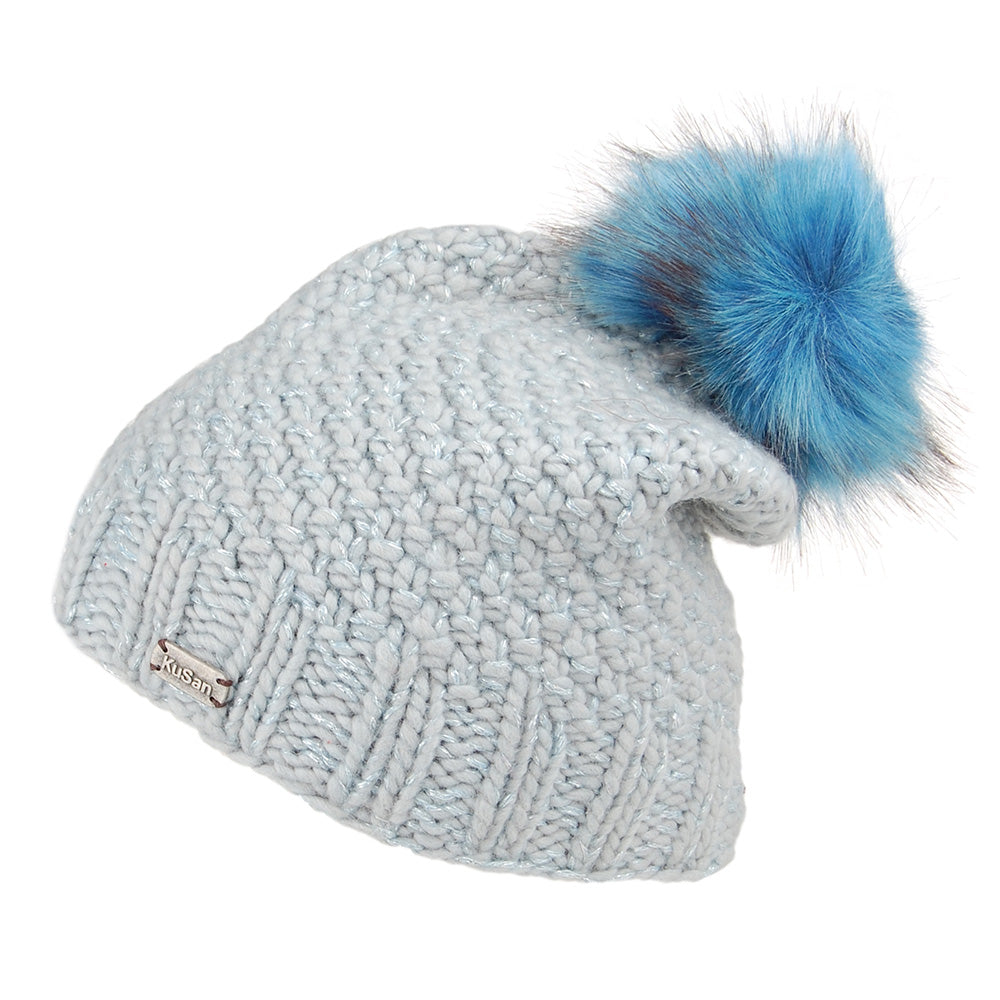 Bonnet à Pompon en Laine Point de Riz bleu KUSAN