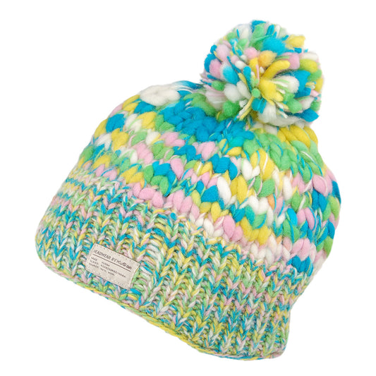 Bonnet à Pompon en Laine Irrégulière vert-jaune KUSAN
