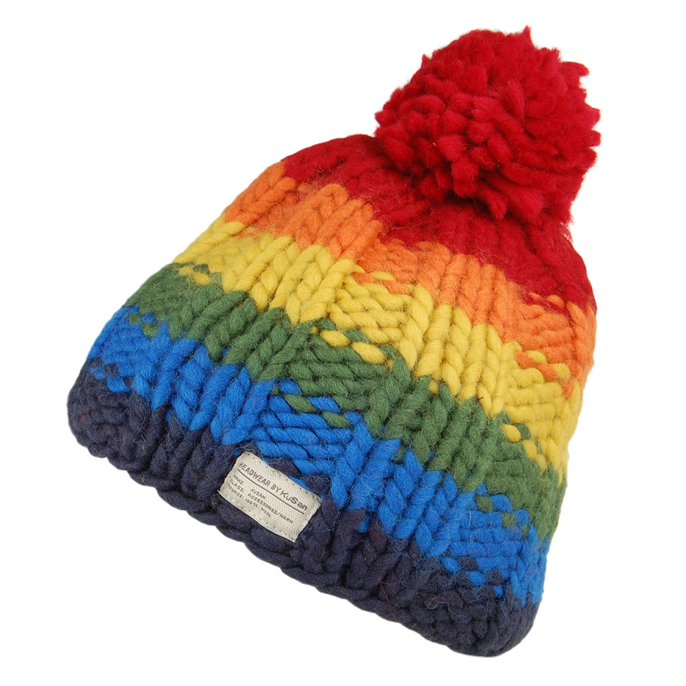 Bonnet à Pompon en Laine Point de Riz Arc-en-Ciel multicolore KUSAN