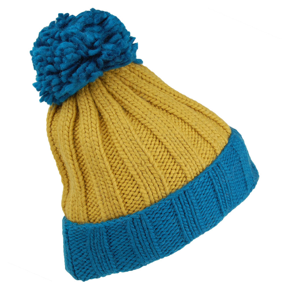 Bonnet à Pompon Côtelé Turn Up bleu-jaune KUSAN