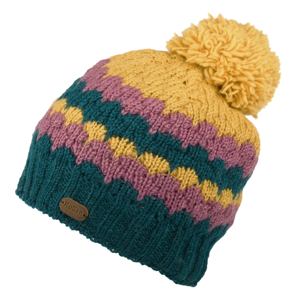 Bonnet à Pompon à Rayures bleu sarcelle-moutarde KUSAN