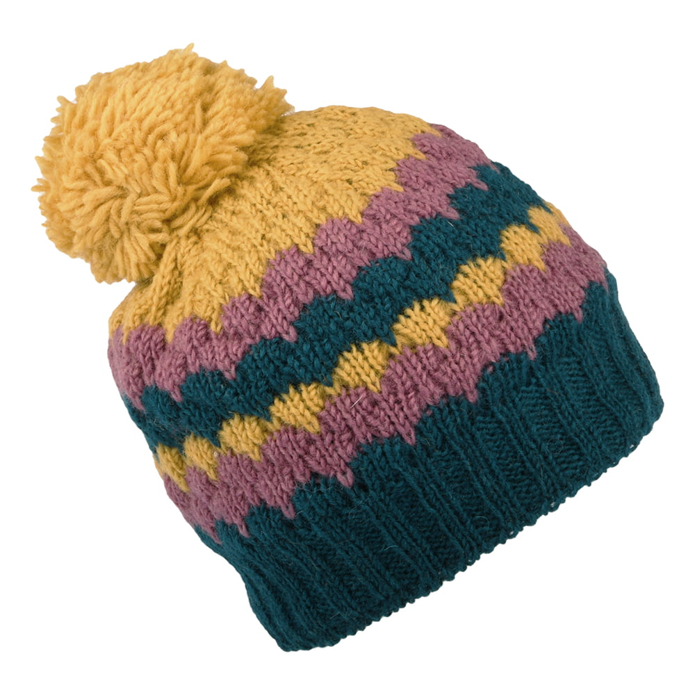 Bonnet à Pompon à Rayures bleu sarcelle-moutarde KUSAN
